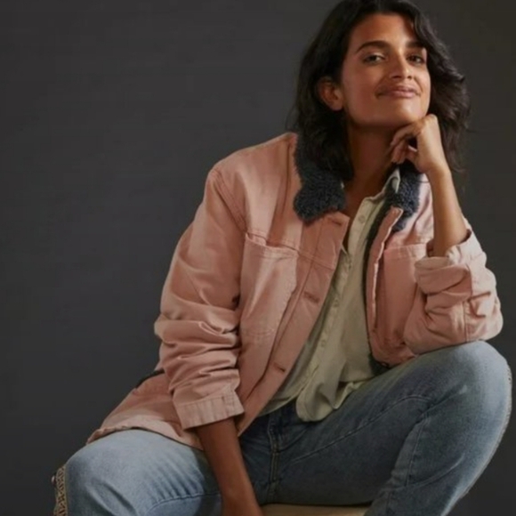 Pilcro Jackets & Blazers - Anthropologie NWT Pilcro Pink Wash Gray Sherpa Utility Jacket Cozy S Shacket Fur
